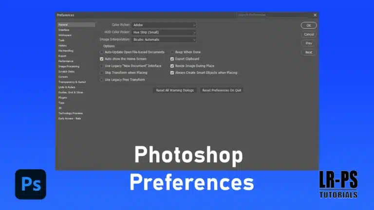 Photoshop Preferences dialog box showing various customization options