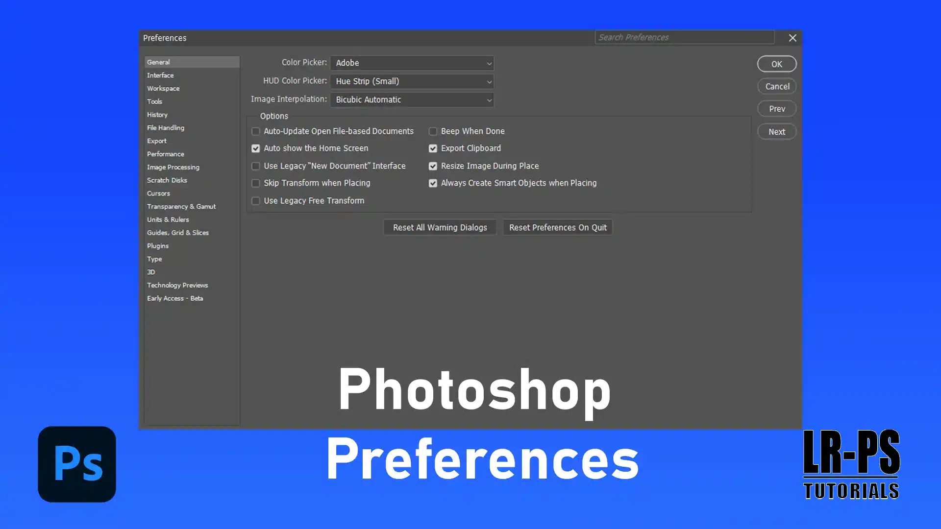 Photoshop Preferences dialog box showing various customization options