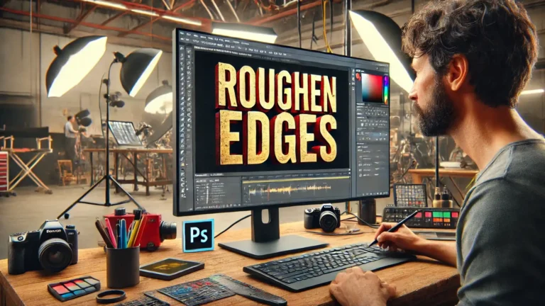 A designer working in a studio on a computer using Adobe Photoshop to apply a 'roughen edges' effect to bold text on the screen, with various editing tools visible.