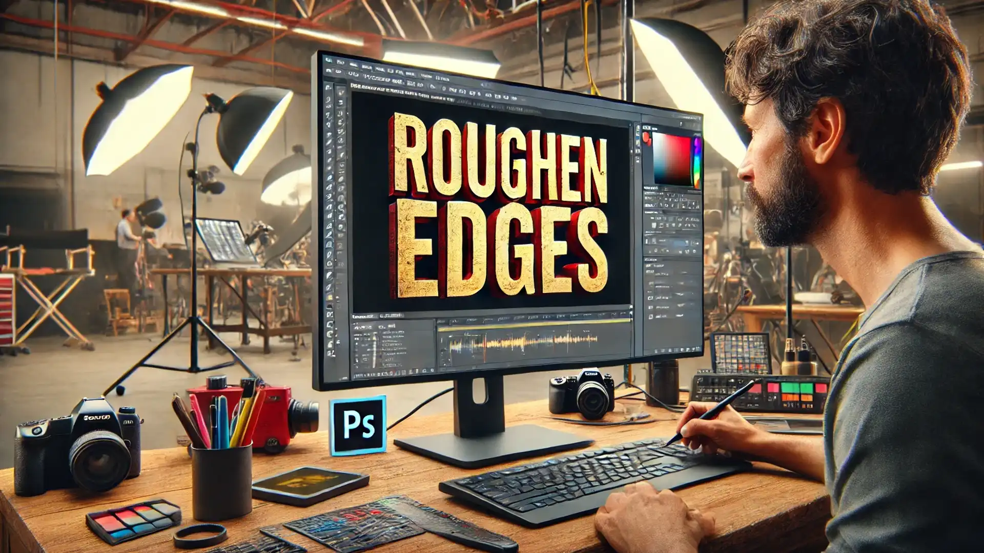 A designer working in a studio on a computer using Adobe Photoshop to apply a 'roughen edges' effect to bold text on the screen, with various editing tools visible.