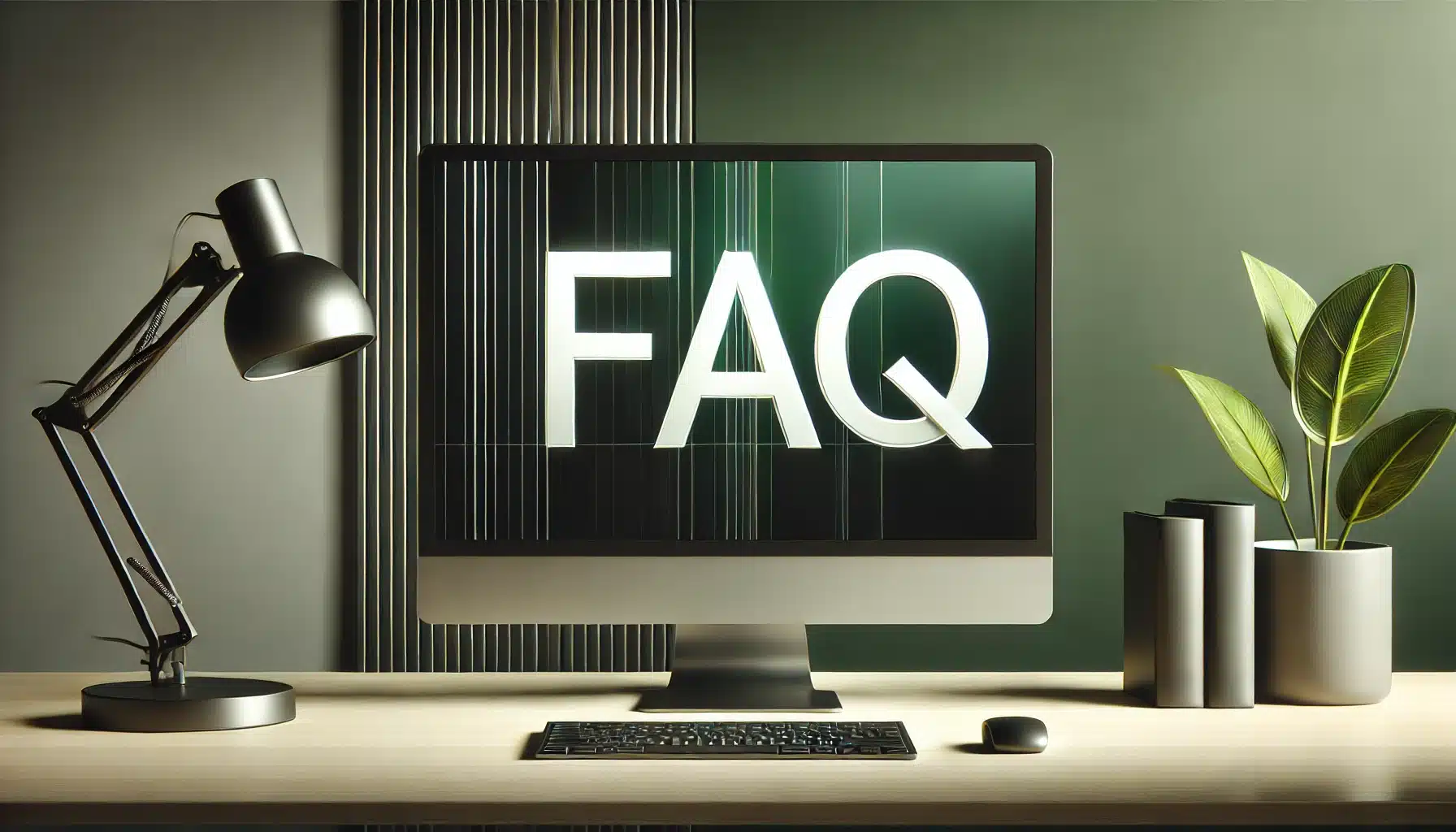 A computer screen displaying the word "FAQ" in large, bold letters. The background features a green and dark green color scheme.