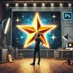 A photographer stands in his studio, looking up in awe at a large screen displaying a glowing star shape, resembling the Photoshop star tool. The studio is filled with photography gear, and his expression conveys surprise and humor, as he adjusts his glasses, captivated by the scene