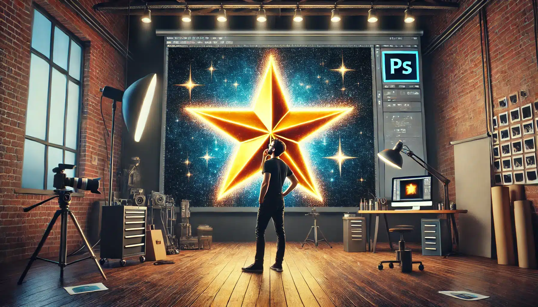 A photographer stands in his studio, looking up in awe at a large screen displaying a glowing star shape, resembling the Photoshop star tool. The studio is filled with photography gear, and his expression conveys surprise and humor, as he adjusts his glasses, captivated by the scene