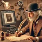 Vintage photographer writing a file name with a quill pen, surrounded by nostalgic photography equipment in a sepia-toned setting.