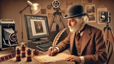 Vintage photographer writing a file name with a quill pen, surrounded by nostalgic photography equipment in a sepia-toned setting.