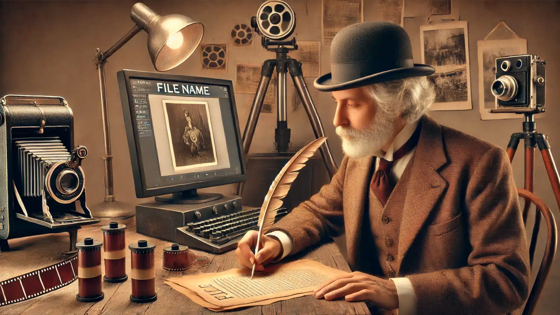 Vintage photographer writing a file name with a quill pen, surrounded by nostalgic photography equipment in a sepia-toned setting.