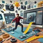 A playful scene where a photographer with a plain white head arranges oversized, floating Photoshop layout elements like layers and grids in a chaotic workspace filled with photography gear