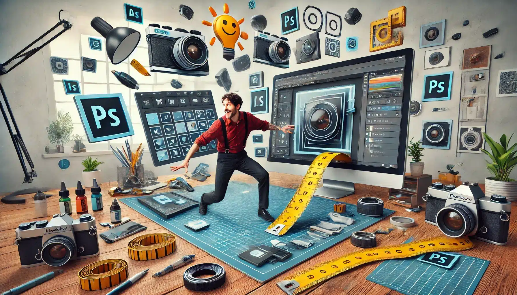 A playful scene where a photographer with a plain white head arranges oversized, floating Photoshop layout elements like layers and grids in a chaotic workspace filled with photography gear