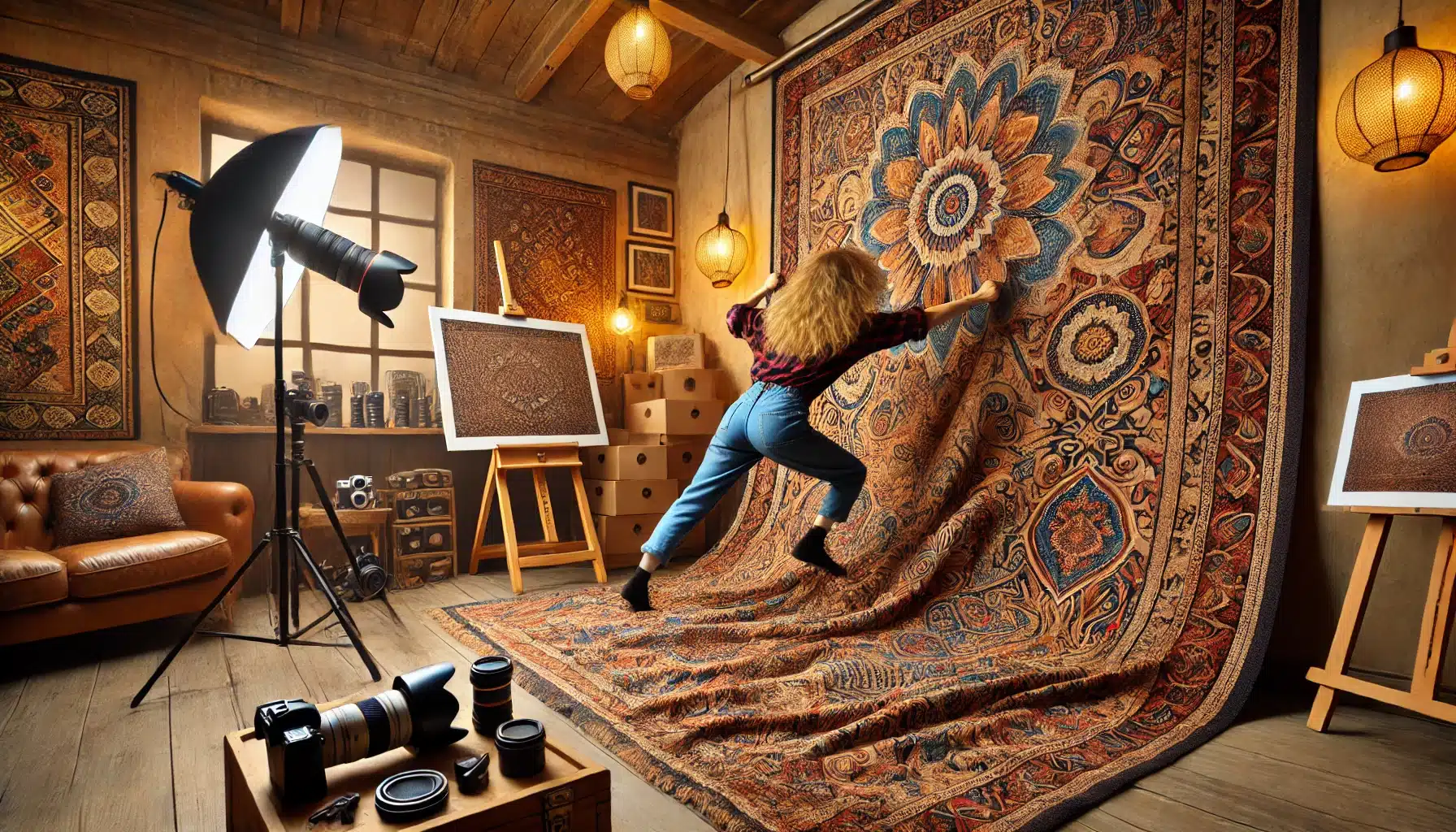 A photographer in a warmly lit studio struggling to align a large tapestry on the wall with a similar pattern from a photograph on an easel, surrounded by photography gear, creating a humorous and chaotic atmosphere