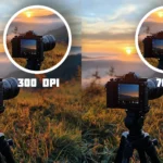 A side-by-side comparison of an image printed at 300 DPI versus 70 DPI. The 300 DPI image is clear and sharp, while the 70 DPI image appears pixelated. A camera on a tripod captures a landscape with a setting sun, emphasizing the difference in print quality.