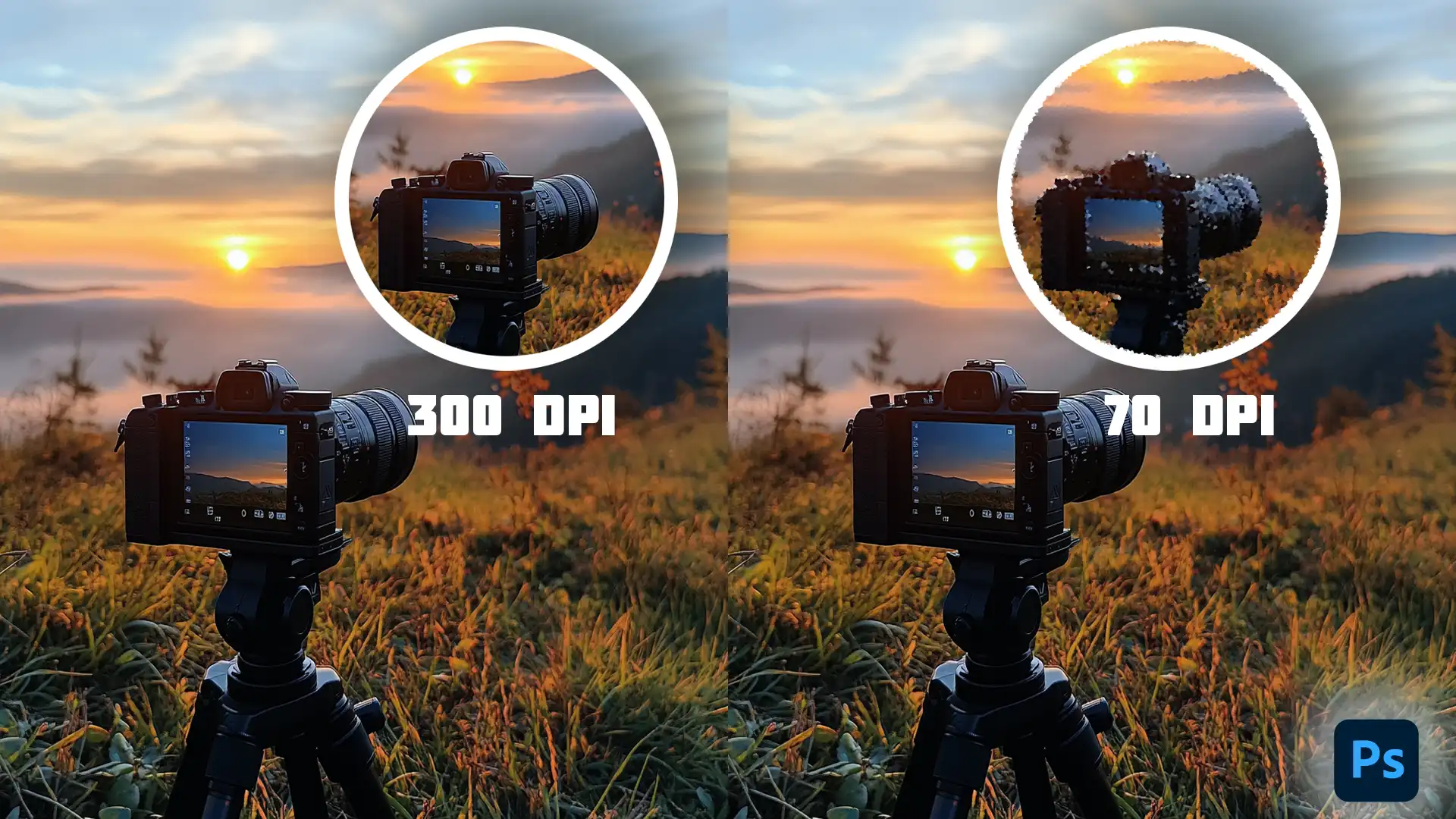 A side-by-side comparison of an image printed at 300 DPI versus 70 DPI. The 300 DPI image is clear and sharp, while the 70 DPI image appears pixelated. A camera on a tripod captures a landscape with a setting sun, emphasizing the difference in print quality.