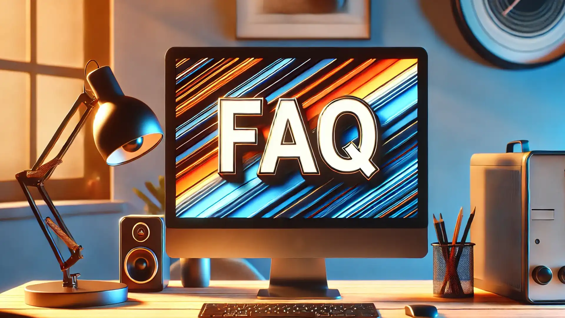 'FAQ' image with a dynamic, colorful background effect.