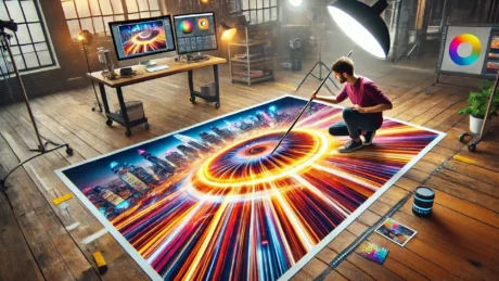 A young photographer creating a radial blur effect on a large photo laid on the floor, steering the image to visually represent the radial blur Lightroom effect in a colorful environment.