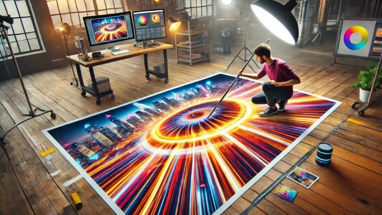 A young photographer creating a radial blur effect on a large photo laid on the floor, steering the image to visually represent the radial blur Lightroom effect in a colorful environment.