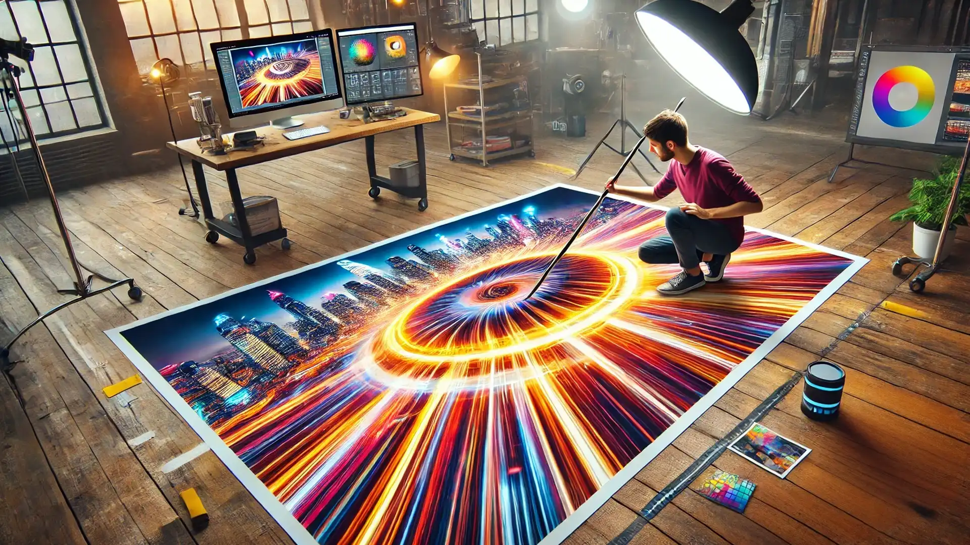 A young photographer creating a radial blur effect on a large photo laid on the floor, steering the image to visually represent the radial blur Lightroom effect in a colorful environment.