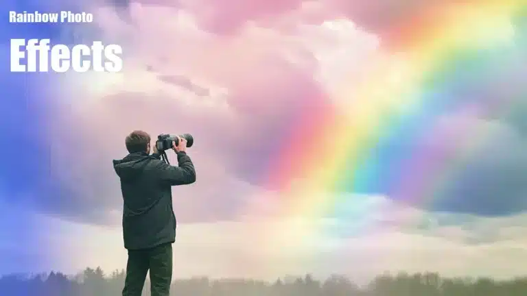 A photographer capturing a vivid rainbow in the sky with a professional camera. The background features soft, colorful clouds with a bright rainbow arching through them, illustrating the use of rainbow photo effects.