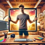 A young photographer standing in a home photography office, holding a large rectangle frame in both hands, symbolizing the use of the rectangle tool in Photoshop.