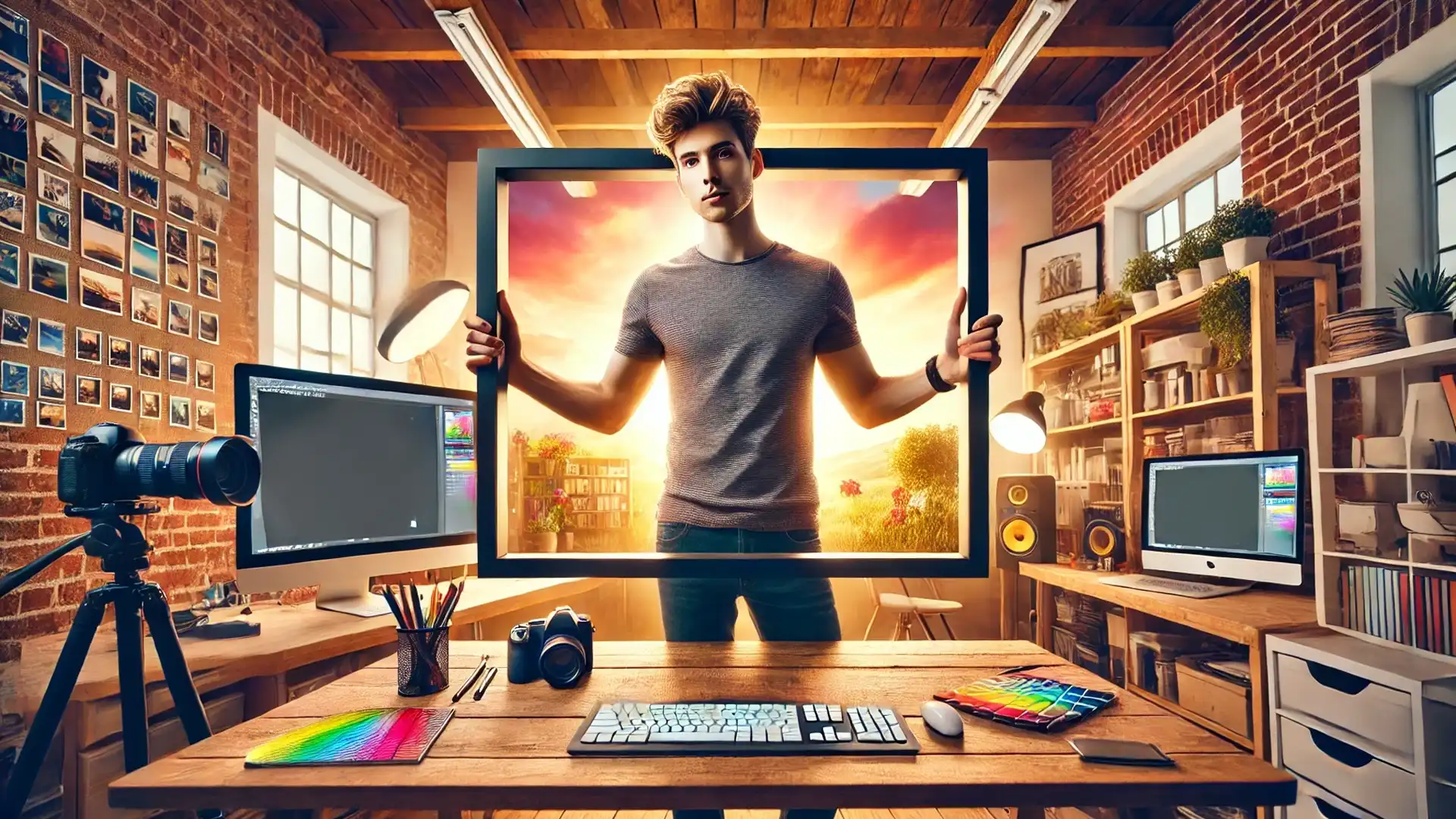 A young photographer standing in a home photography office, holding a large rectangle frame in both hands, symbolizing the use of the rectangle tool in Photoshop.