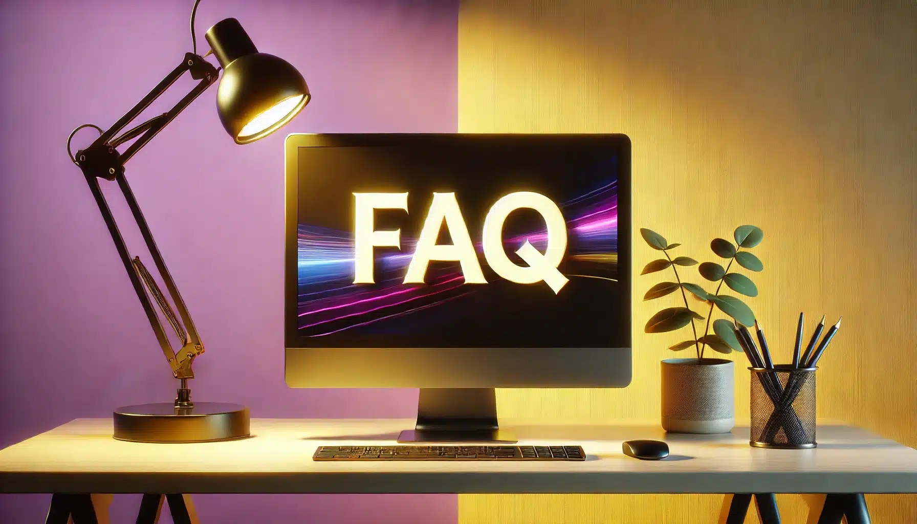 A desktop computer screen displaying the word 'FAQ' in large, bold letters, with a background blend of purple and yellow in a minimalist workspace.