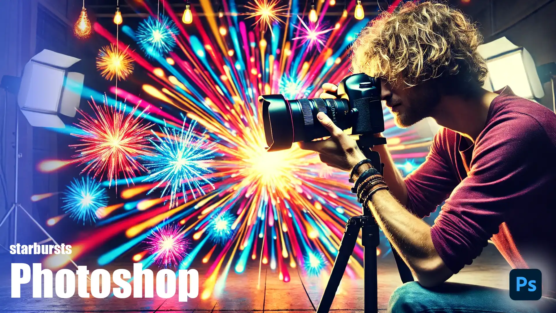A photographer captures a vibrant scene of colorful starburst effects, resembling fireworks, using a camera on a tripod. The image is bursting with dynamic light and colors, showcasing the Photoshop starbursts effect.
