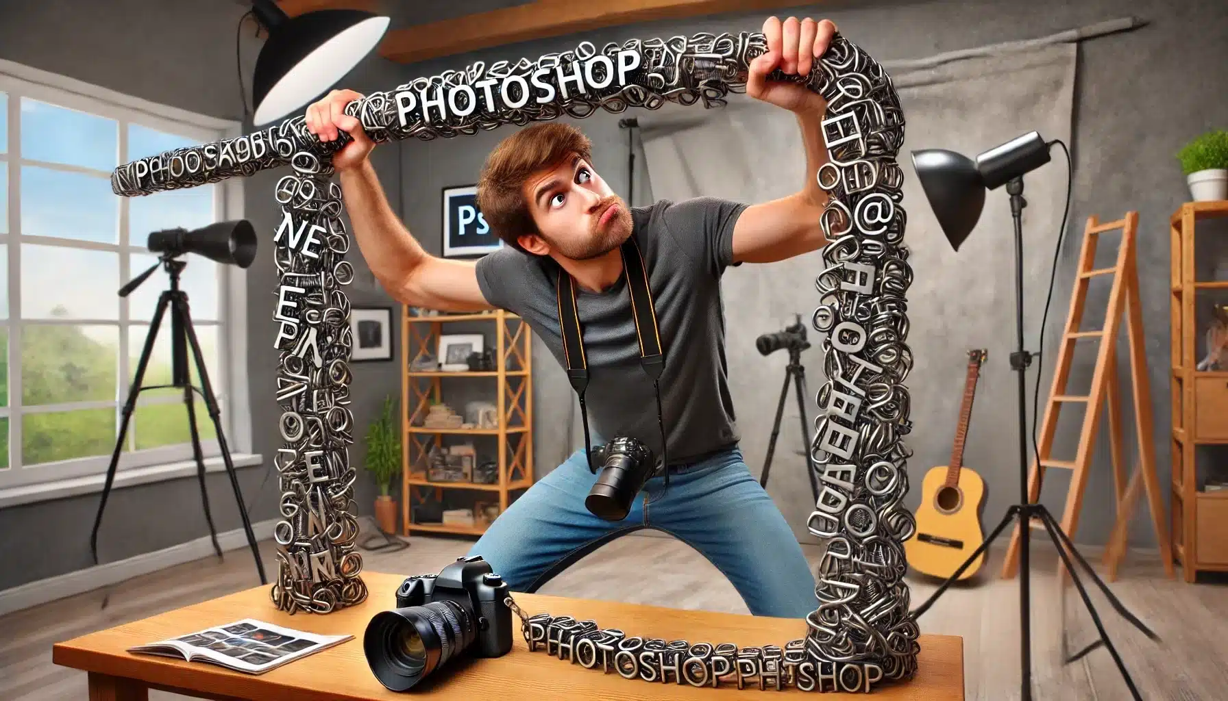 Young photographer in a home studio bending a steel-like bar made of random alphabetic characters, symbolizing the challenge of mastering tilt text in Photoshop.