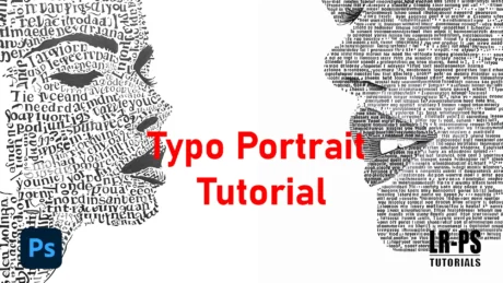 A digital artwork featuring a side profile of a human face created with black text on a white background, with the words “Typo Portrait Tutorial” in red and the Photoshop (Ps) logo and “RPS Tutorials” in black.