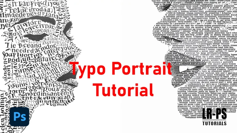A digital artwork featuring a side profile of a human face created with black text on a white background, with the words “Typo Portrait Tutorial” in red and the Photoshop (Ps) logo and “RPS Tutorials” in black.