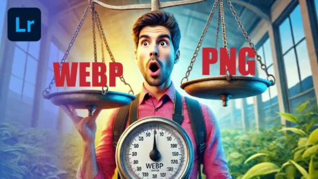 A surprised photographer holding an imbalanced weighing scale with no pole, where one side is heavier than the other. The scene is vibrant and colorful, perfect for a webp lightroom tutorial thumbnail.