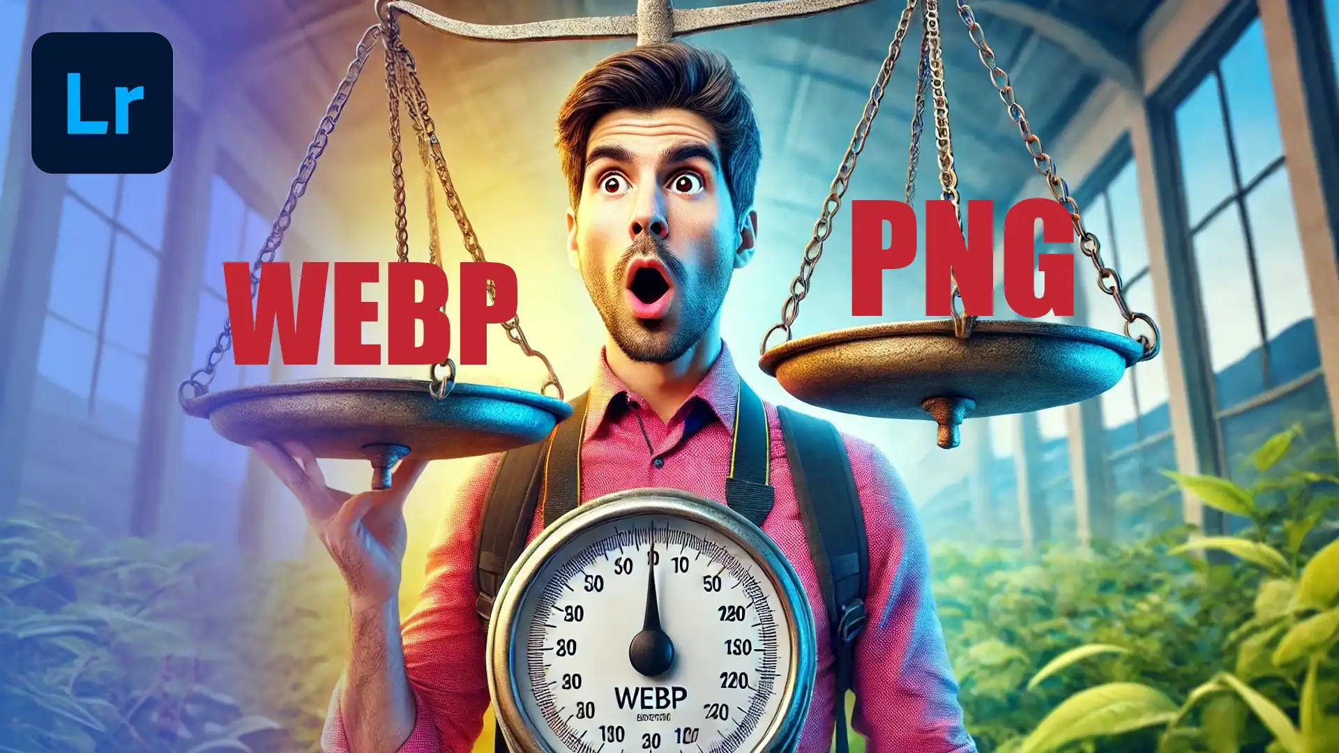 A surprised photographer holding an imbalanced weighing scale with no pole, where one side is heavier than the other. The scene is vibrant and colorful, perfect for a webp lightroom tutorial thumbnail.