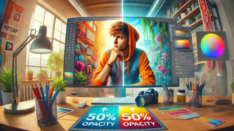 A young photographer asking himself how to change opacity on a photo, with the image split into two parts: one at 100% opacity and the other at 50%, in a vibrant and colorful workspace.