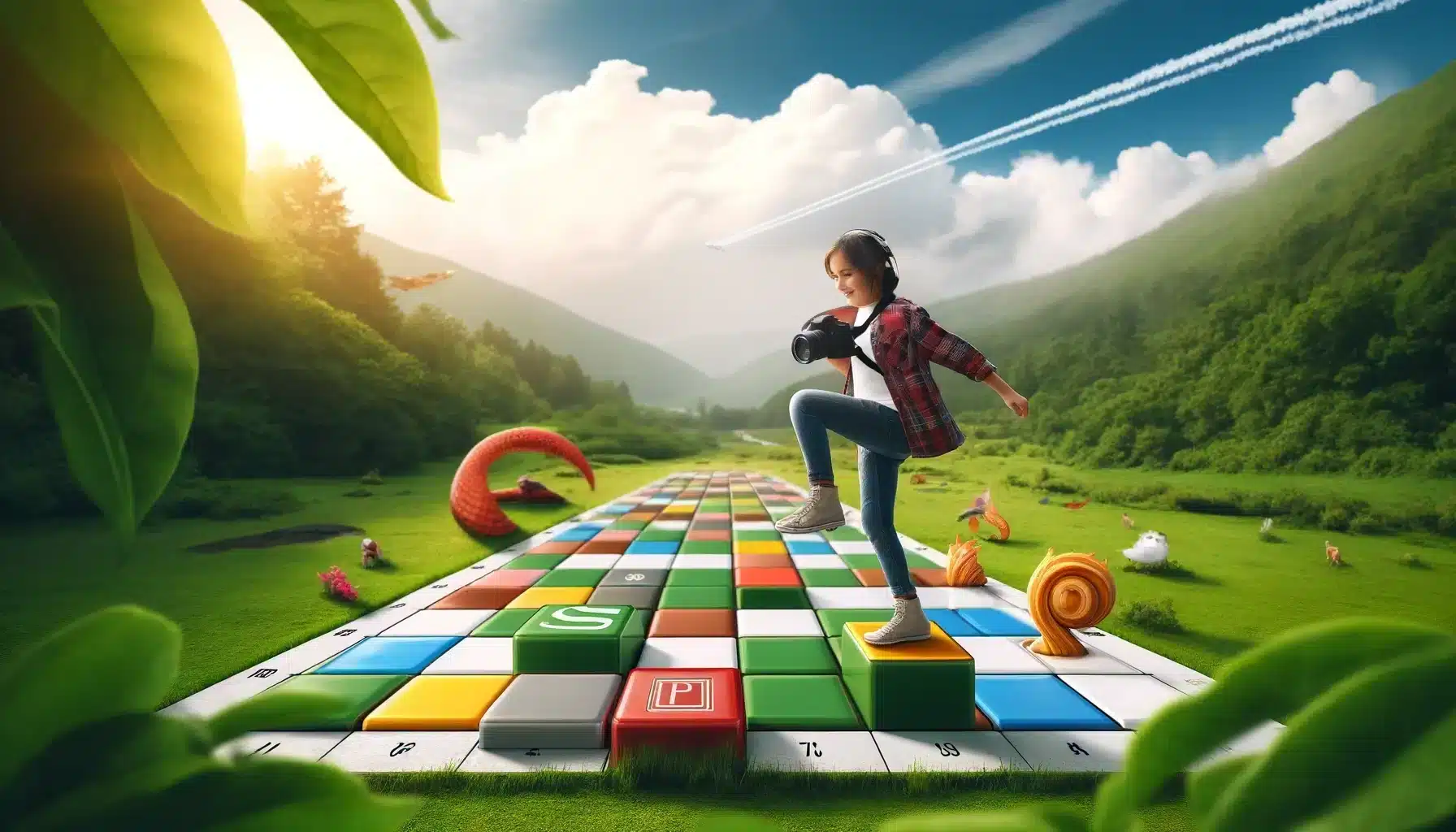 Mid-aged female photographer with a camera and backpack jumping onto pixelated squares in nature, symbolizing 72 pixels per inch