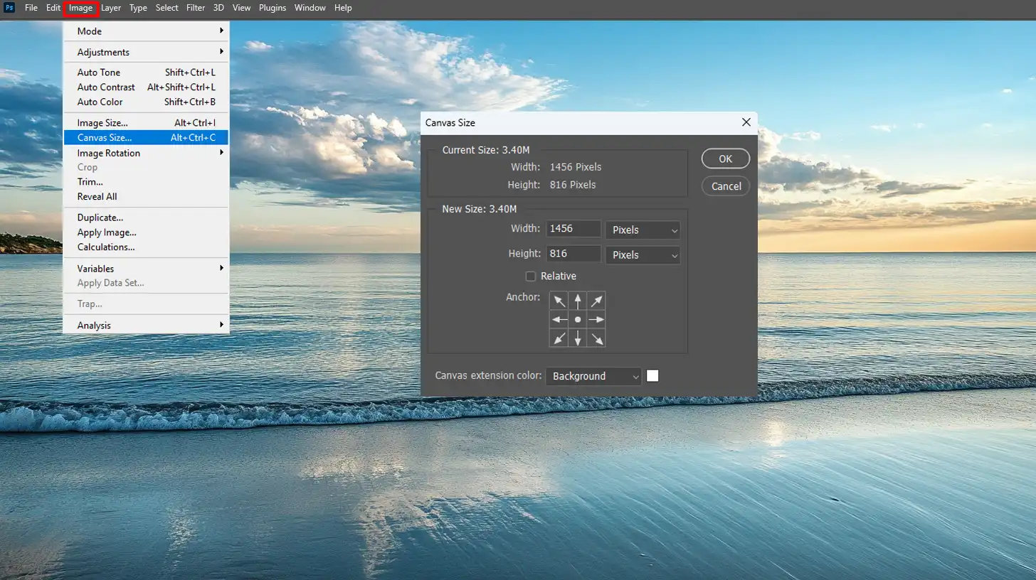 Accessing the Canvas Size tool in Photoshop