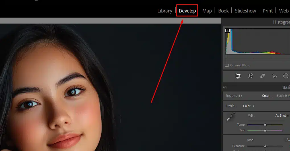 Screenshot showing the Develop module selected in Adobe Lightroom for photo editing.