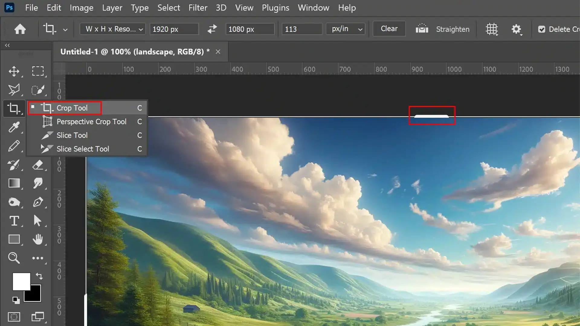 A PS interface showing a beautiful landscape image of rolling hills, lush green meadows, a clear blue sky with fluffy clouds, and a gently winding river.