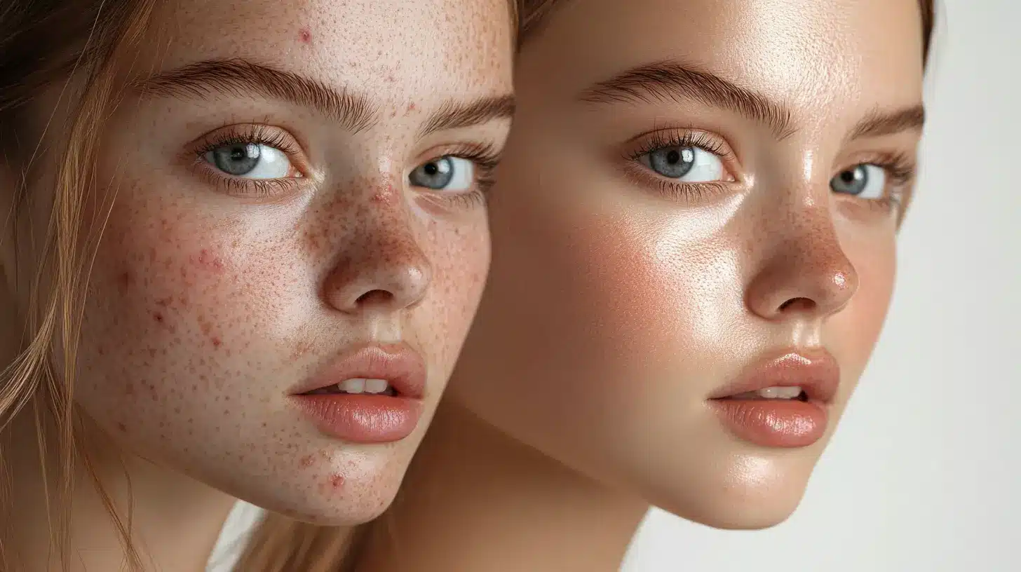 Before and after close-up comparison of a young woman’s skin, showcasing the transformation after removing blemishes and achieving a smooth, polished look using Lightroom Classic.