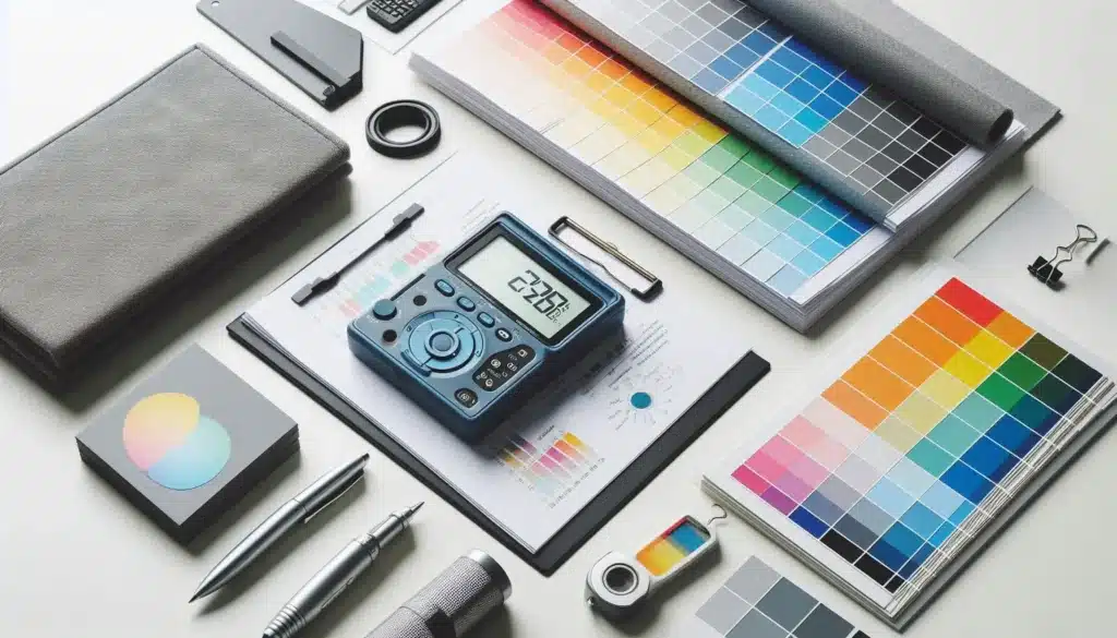 A set of professional color calibration tools and color swatches neatly arranged on a desk, crucial for ensuring accurate color representation in photo editing workflows.