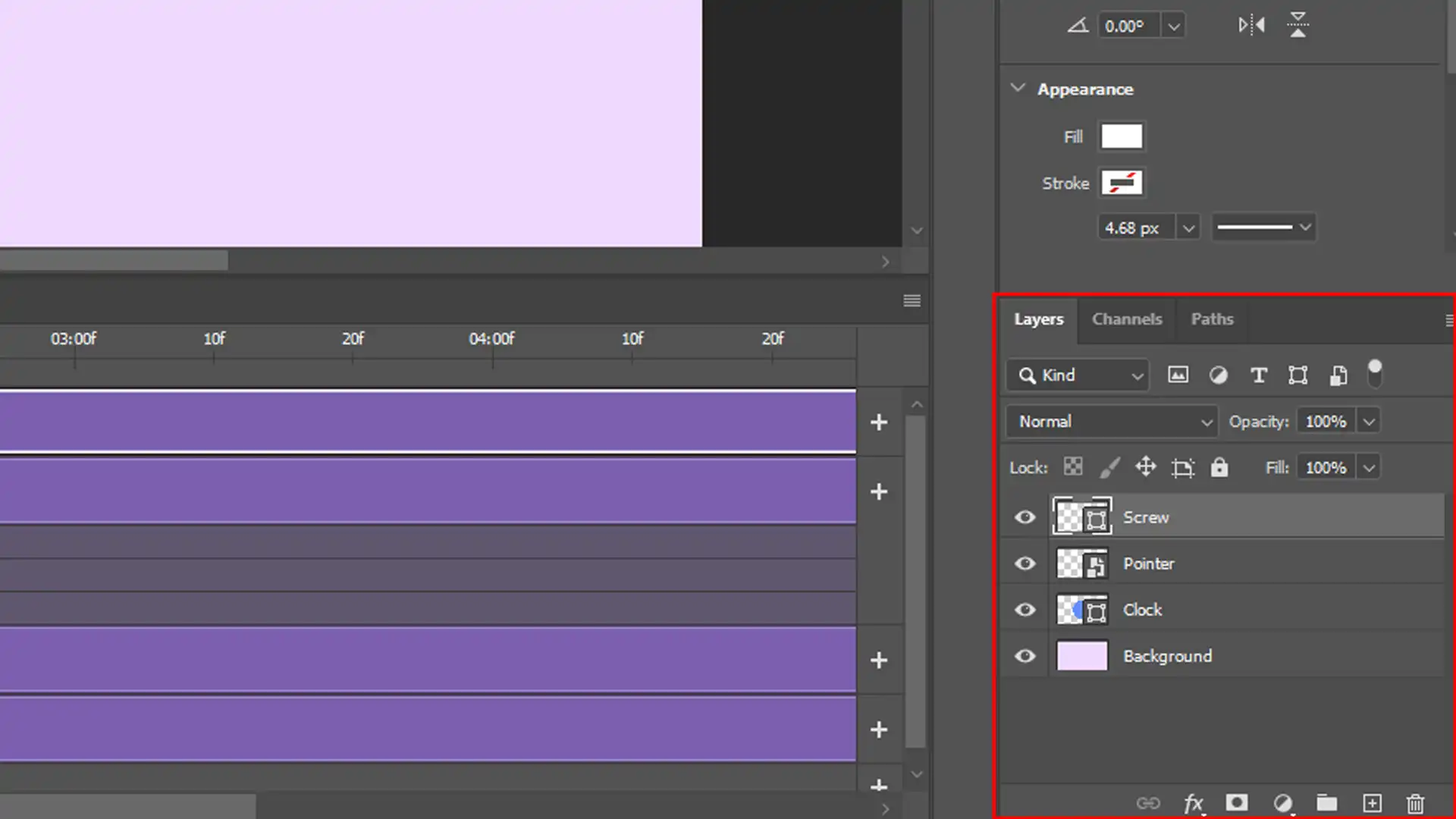 Photoshop interface showing the Layers panel with multiple layers organized for animation editing.