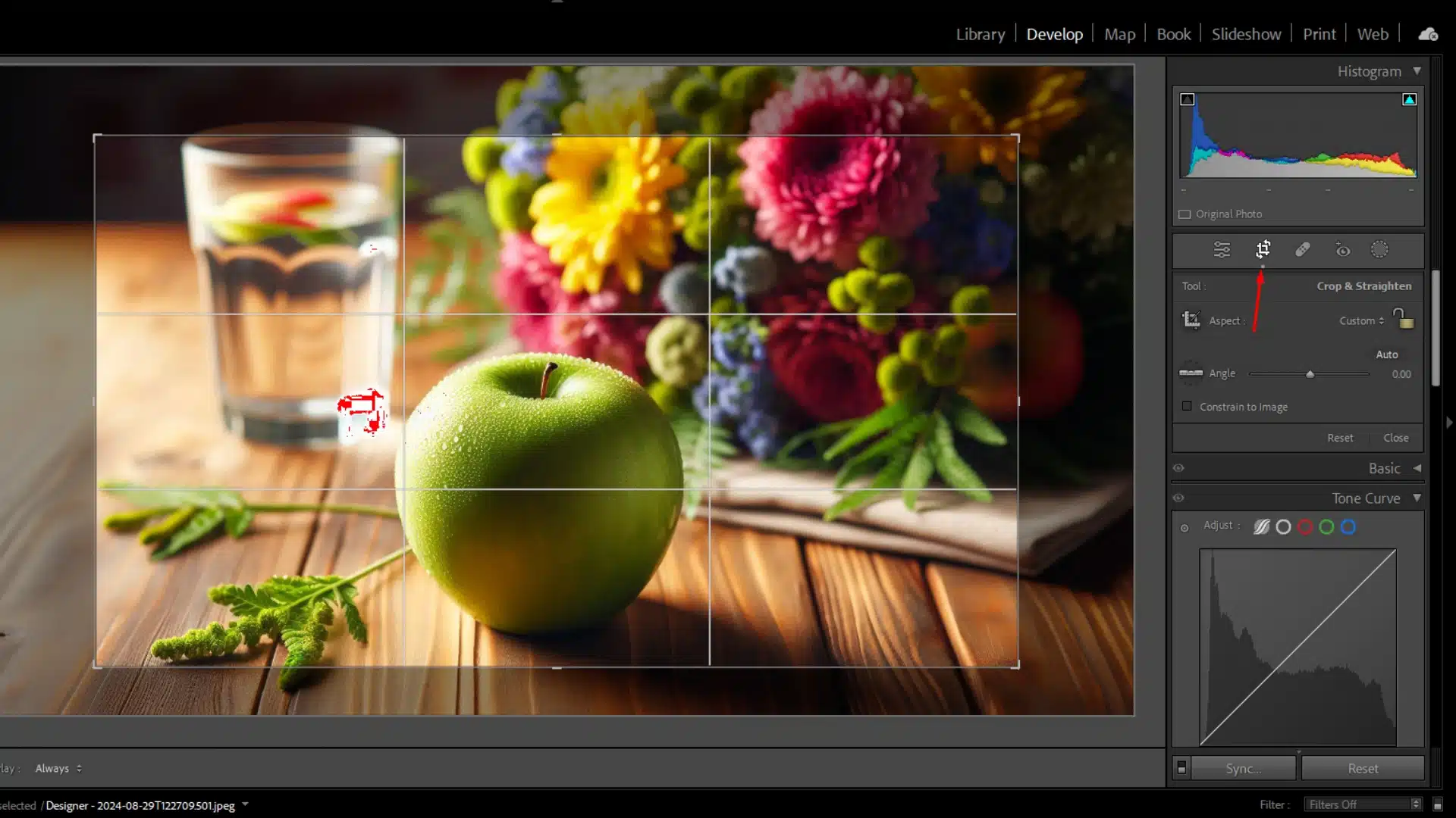 Lightroom Classic Develop Module showing an image of a green apple and flowers, with the Crop & Straighten tool active for adjusting crop and rotation.