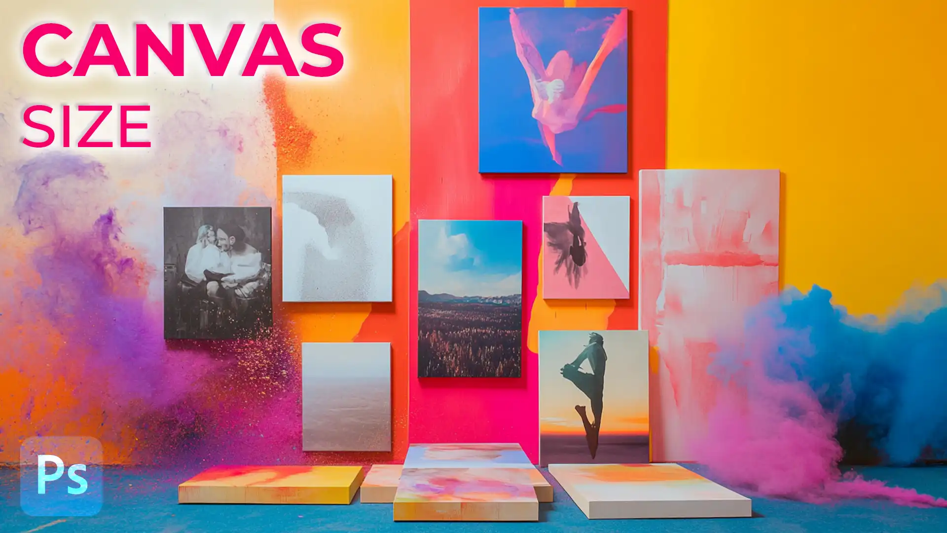A colorful display of various canvases in different sizes and styles, showcasing how changing canvas size in Photoshop can enhance the composition and layout of digital artwork.