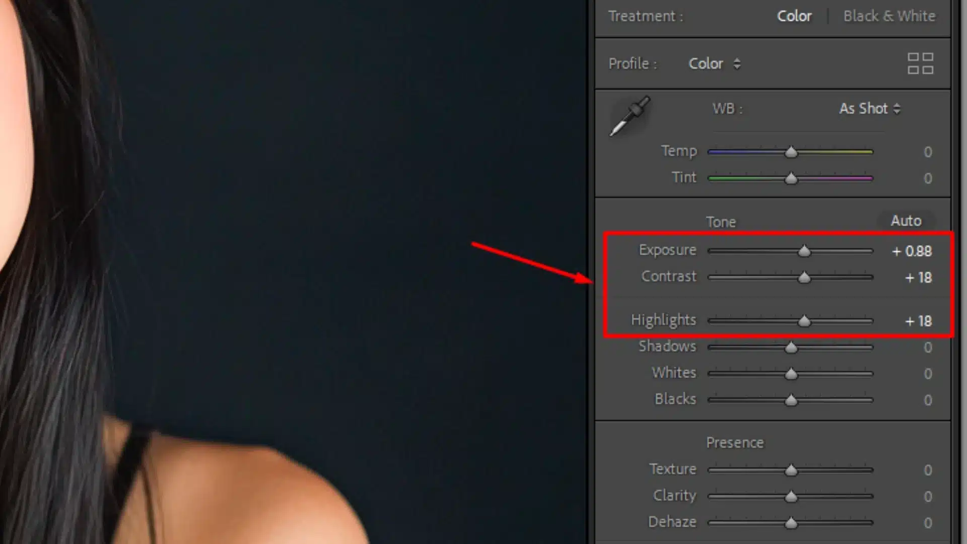 Screenshot of the Basic panel in Adobe Lightroom showing adjustments to Exposure, Contrast, and Highlights sliders.