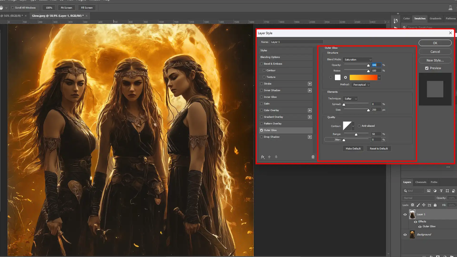 Photoshop interface with Layer Style settings open, focusing on Outer Glow adjustments for a glowing effect around characters.