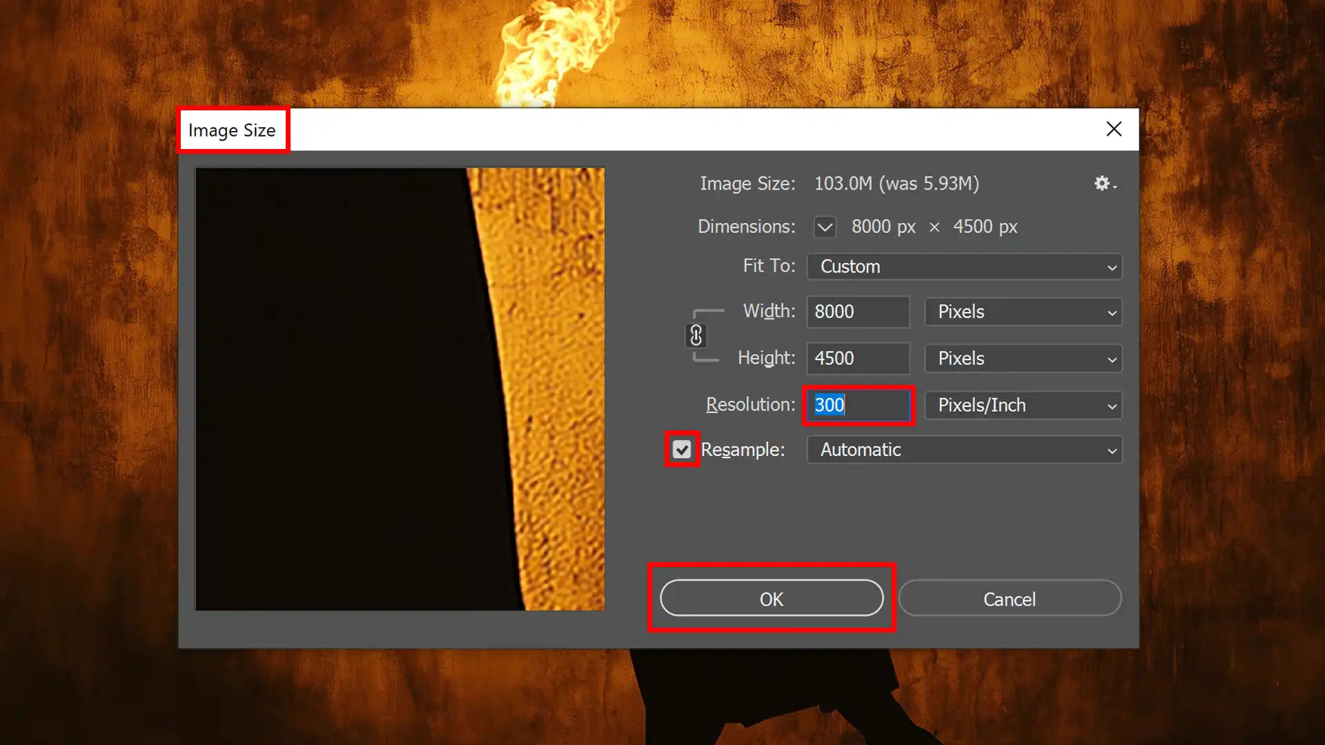 Image size settings showing how to adjust resolution for optimal display, highlighting options for width, height, and resolution settings.