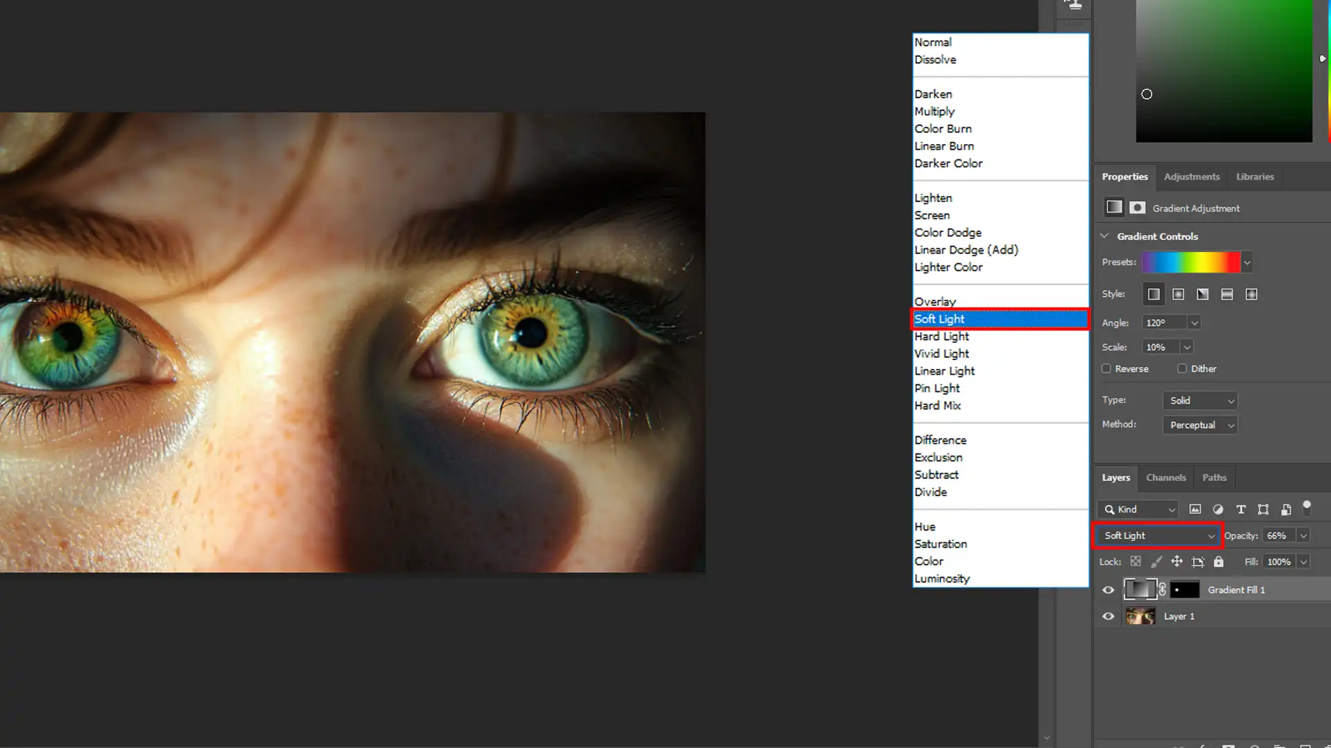 Photoshop interface showing Soft Light blend mode with gradient adjustment.