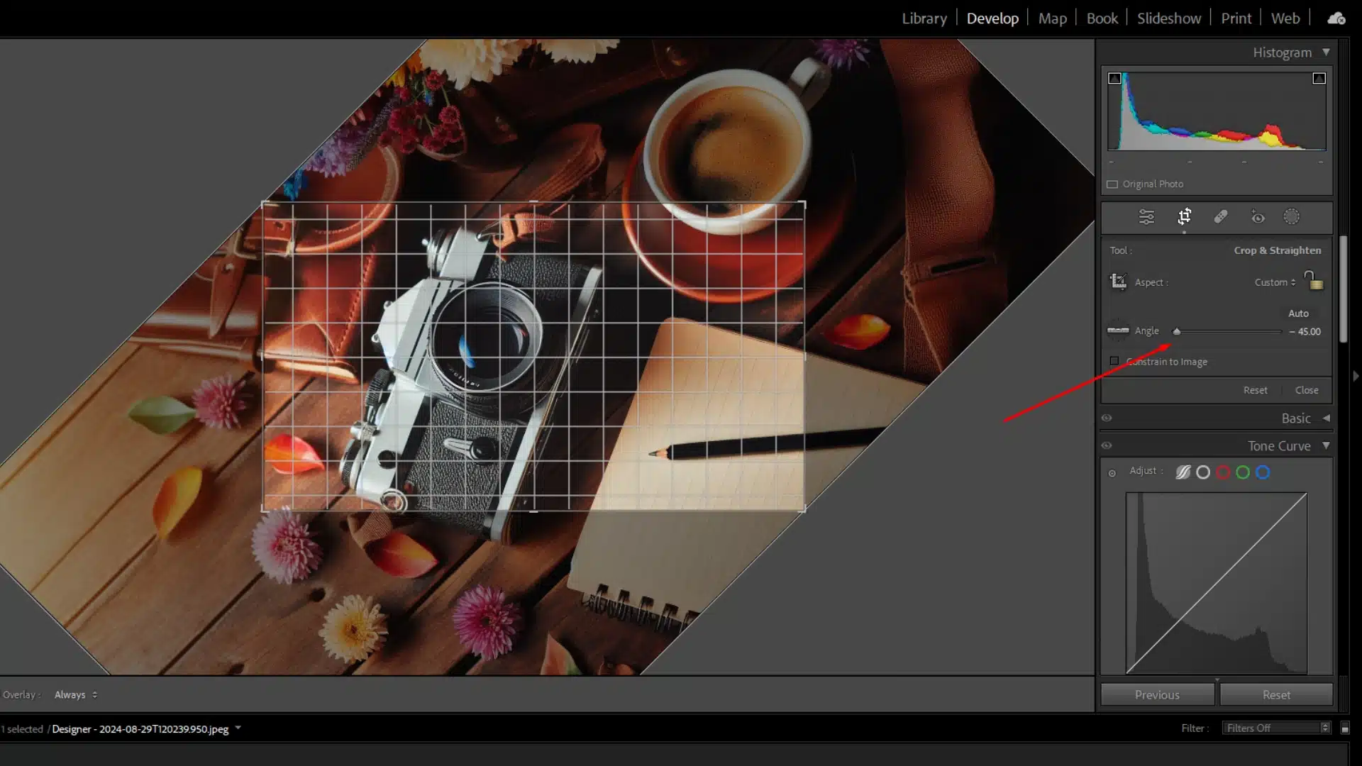 Lightroom Classic Develop Module showing an image rotated at an angle using the Crop & Straighten tool with advanced rotation settings.