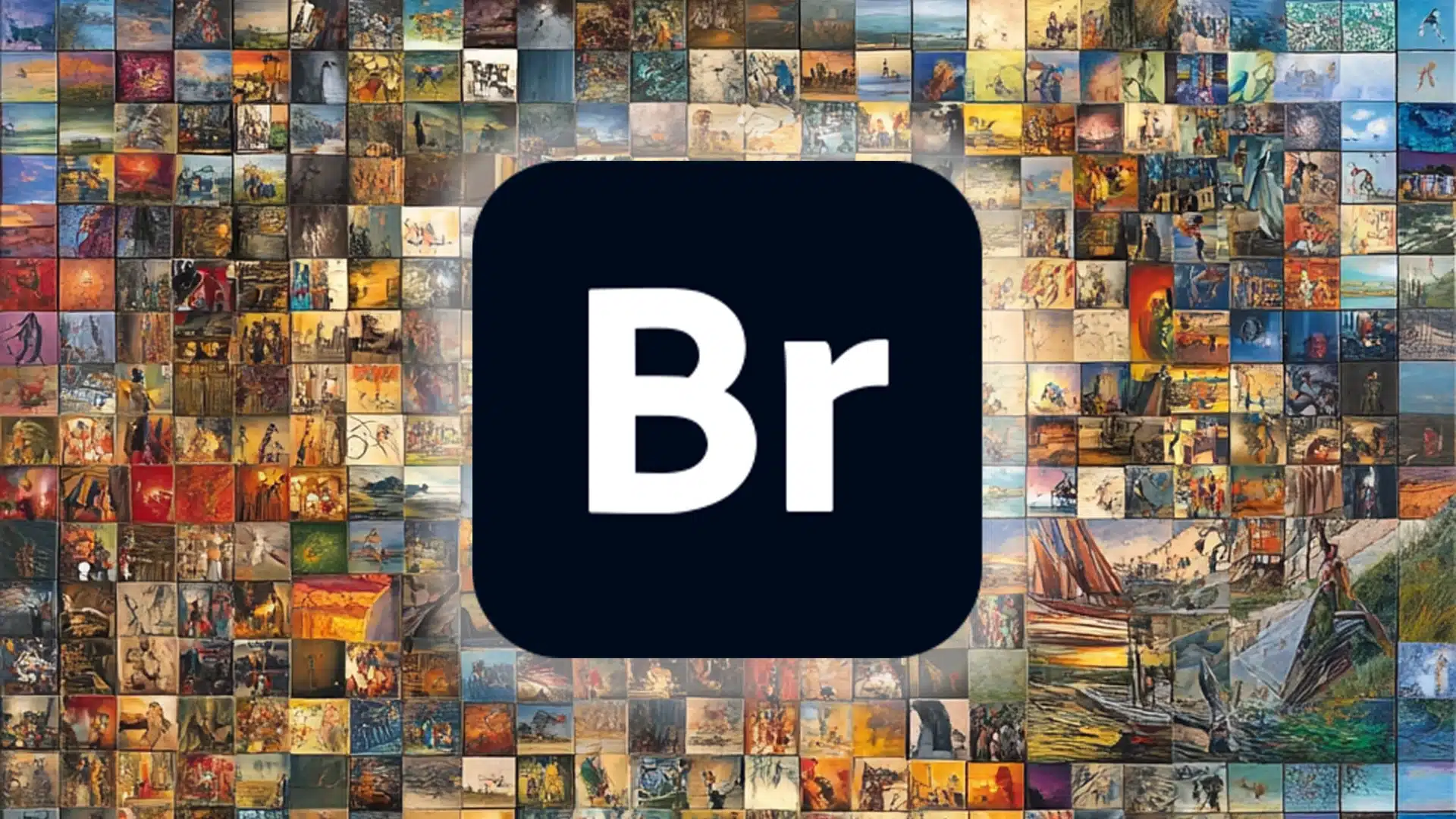 Adobe Bridge icon over a background of a mosaic of various small images, illustrating the concept of aligning and organizing multiple images in Ps.