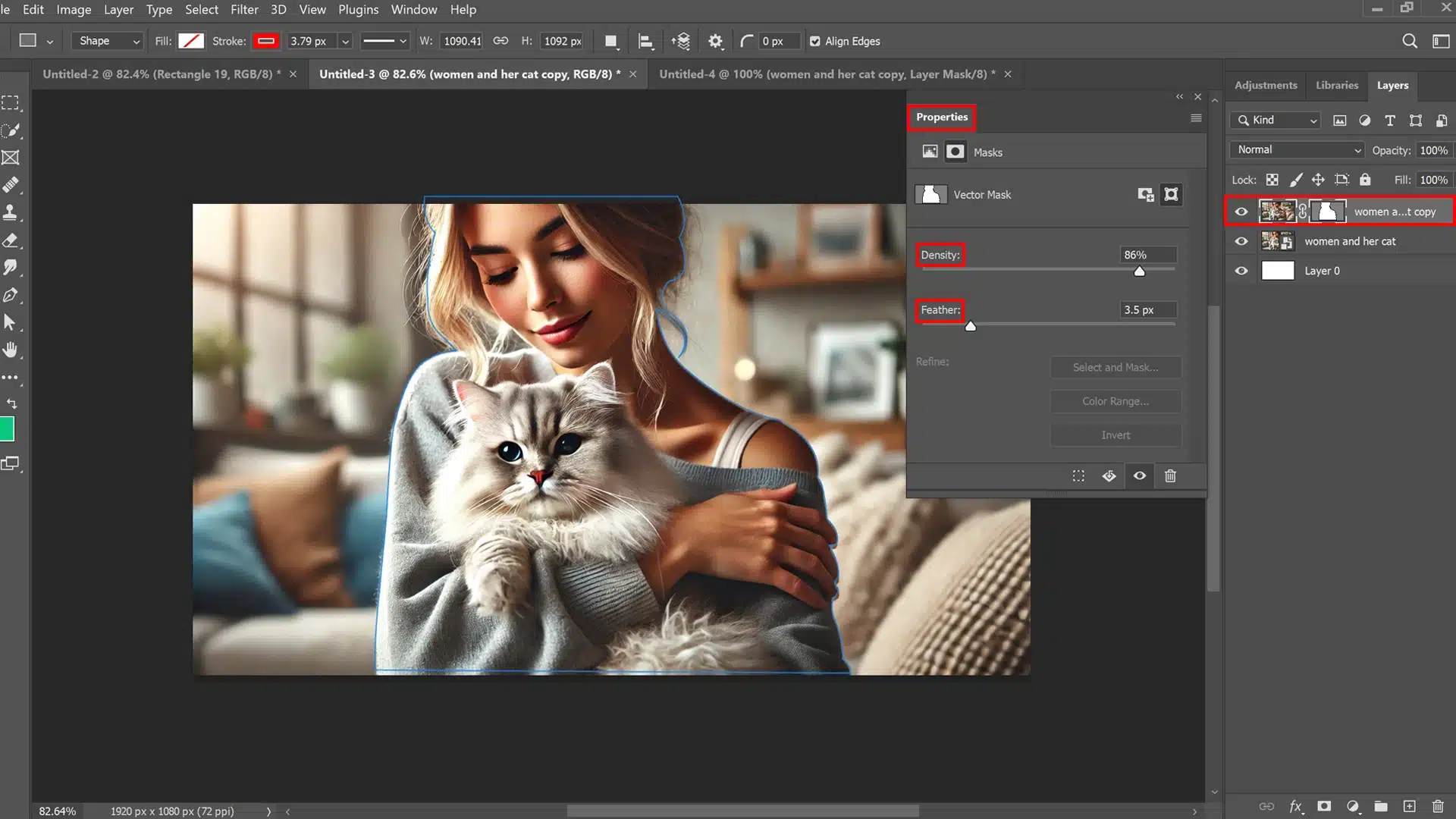 Ps interface showing advanced techniques with the Properties panel open, demonstrating the use of Density and Feather adjustments on a masked image of a woman holding a cat.