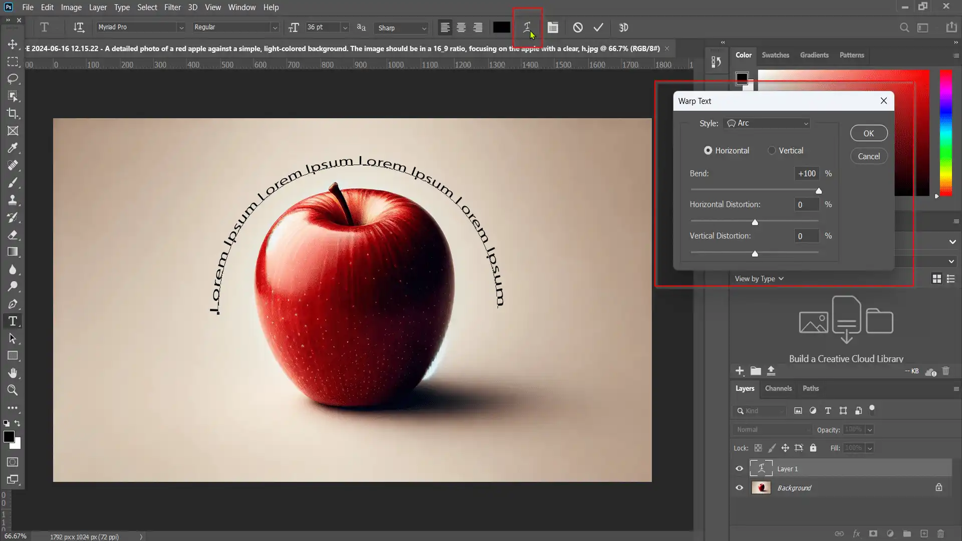 Red apple with curved typography around it in PS workspace.