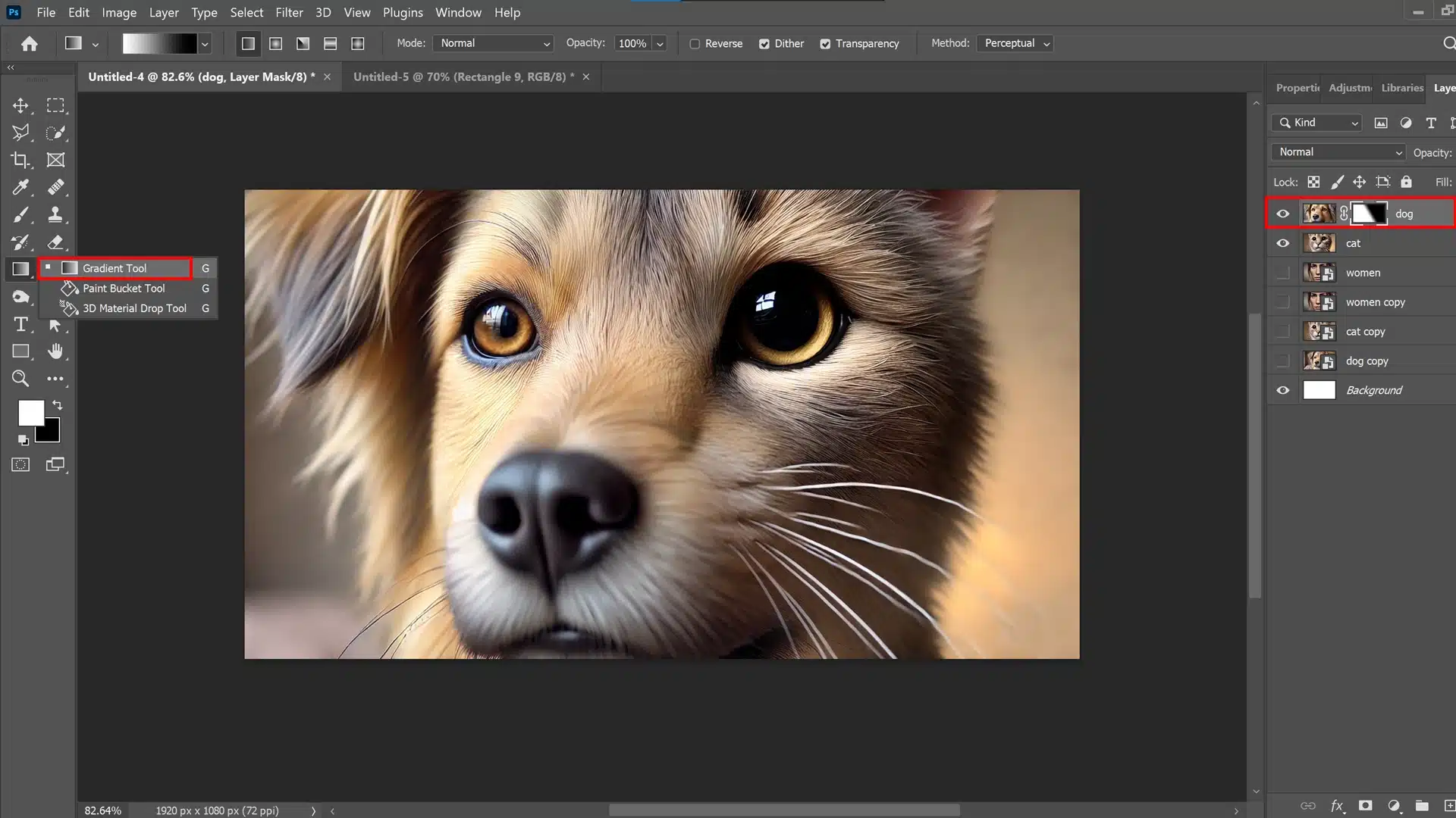 Ps interface showcasing the Gradient Tool being used on a image of a dog, demonstrating advanced tips and tricks for creating smooth transitions and non-destructive edits.