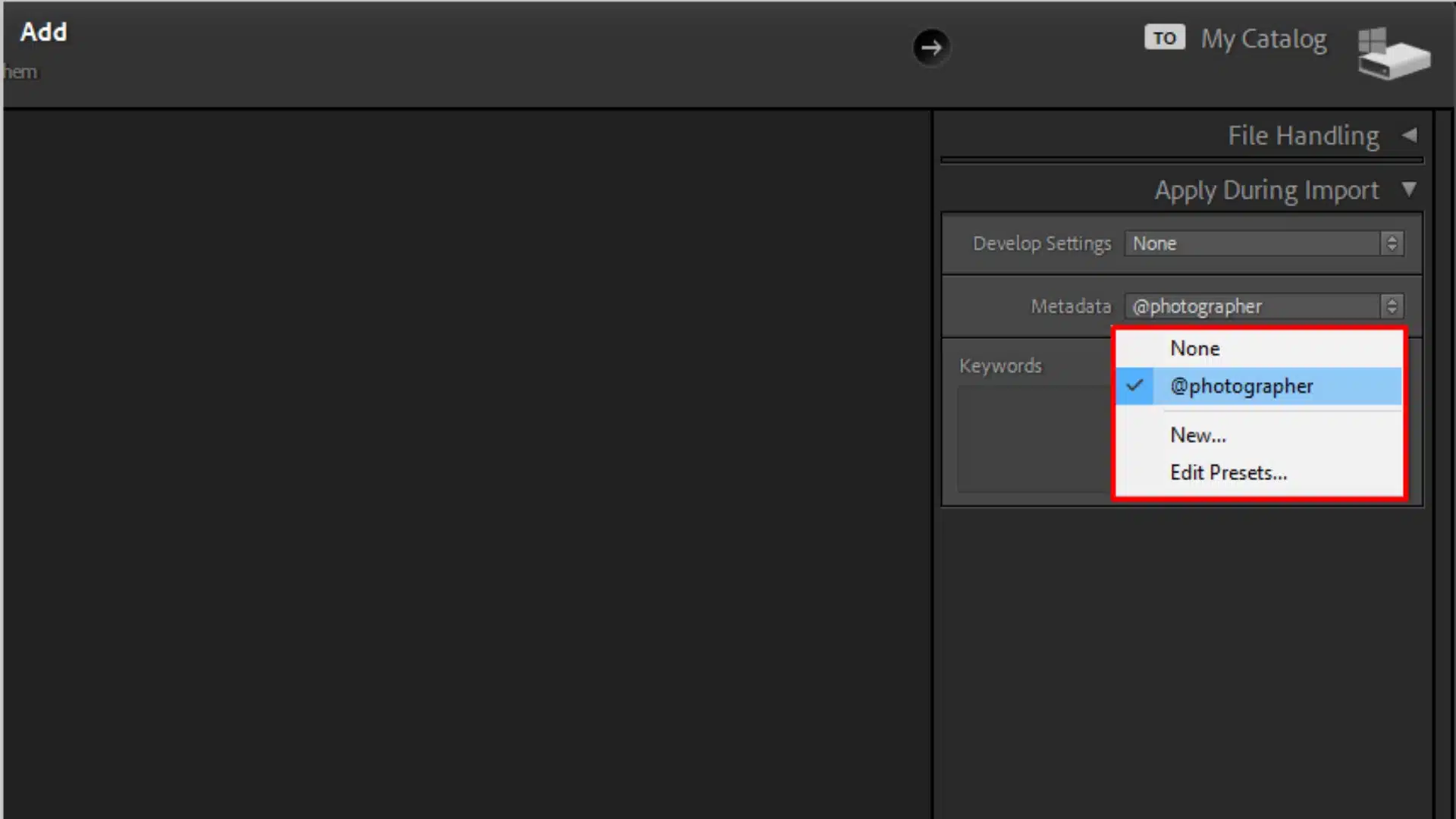 Lightroom Classic's 'Apply During Import' panel showing a selected metadata preset for automatically embedding copyright information.