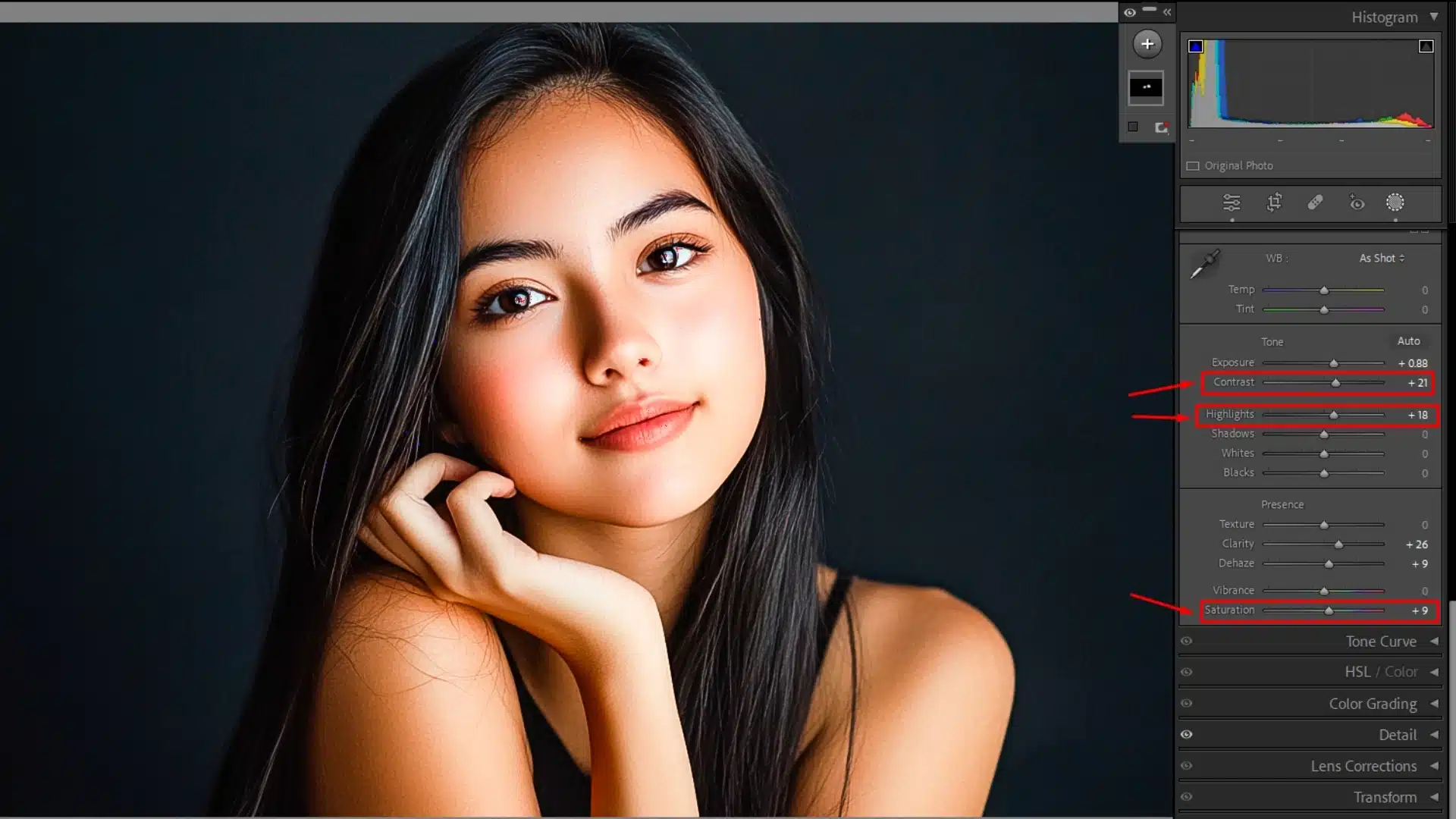 Screenshot of Adobe Lightroom’s Basic panel showing adjustments to contrast, highlights, and saturation to achieve a glossy photo effect.